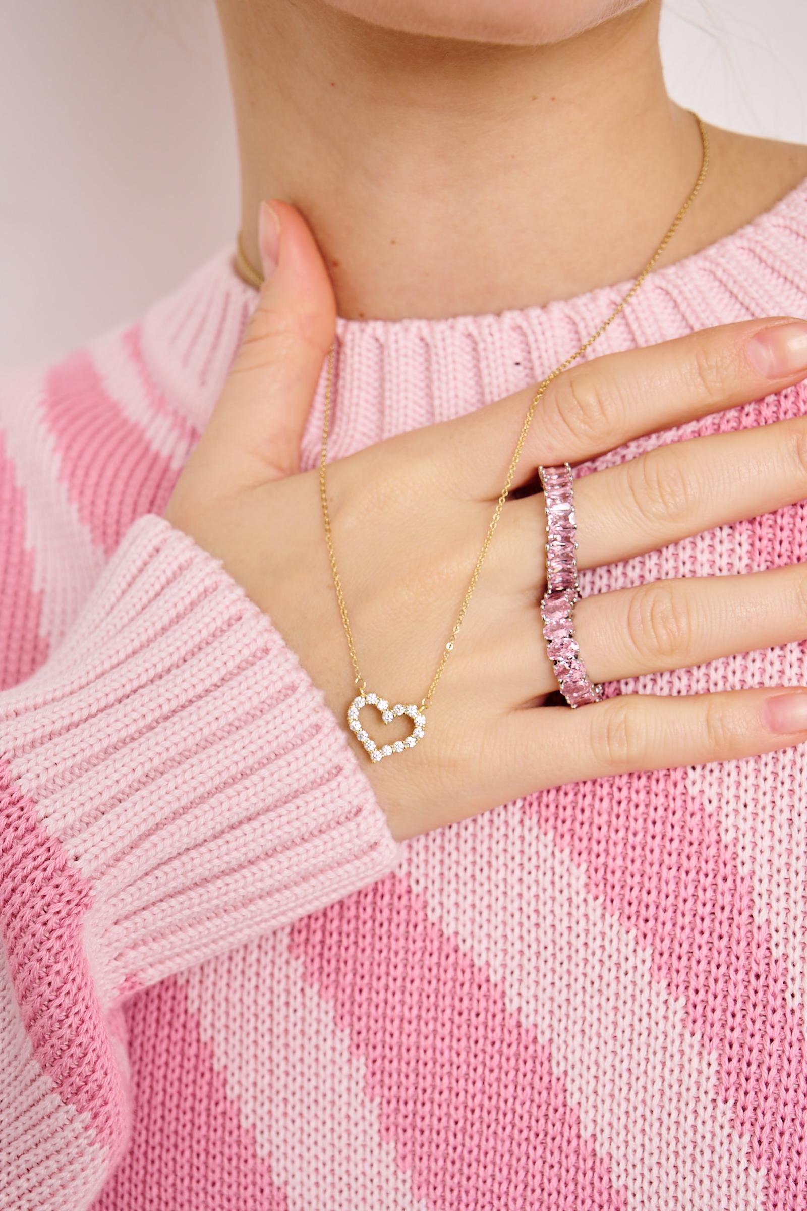 Кольцо-дорожка с квадратными стразами (серебро-розовый)