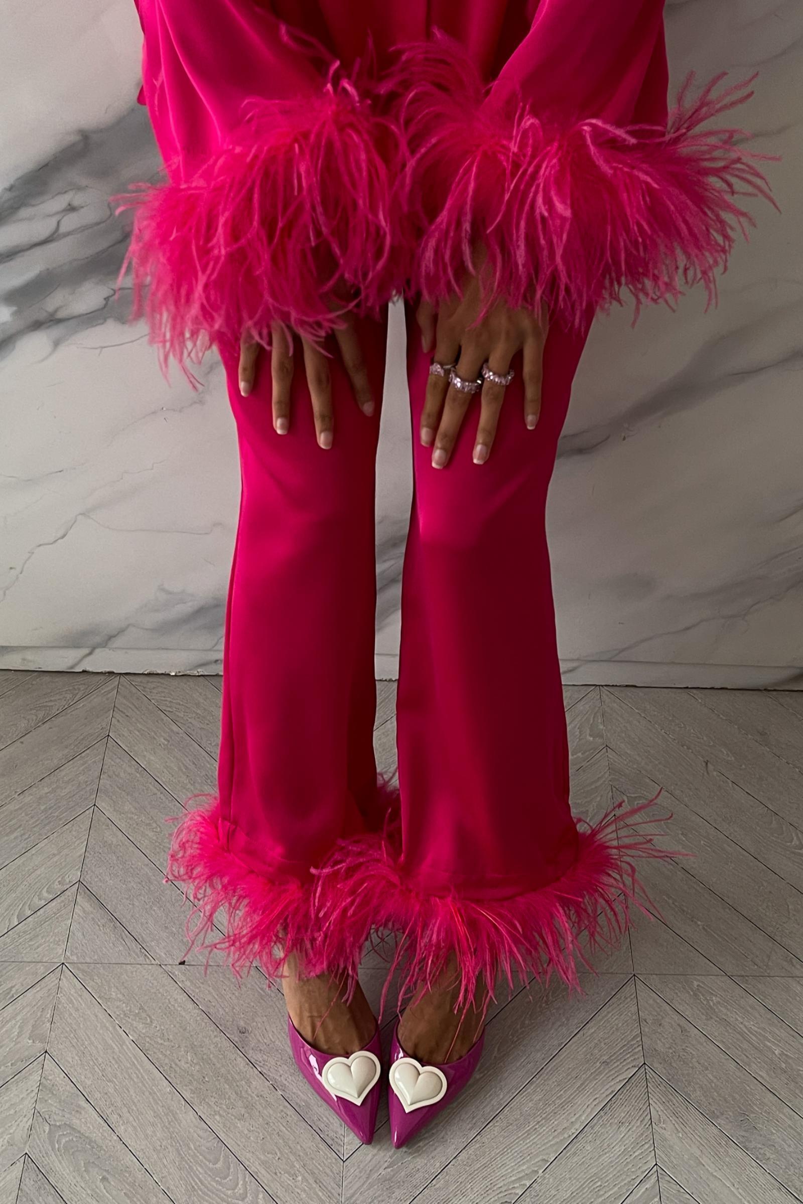 Брюки атласные с перьями (фуксия) (M/L) 