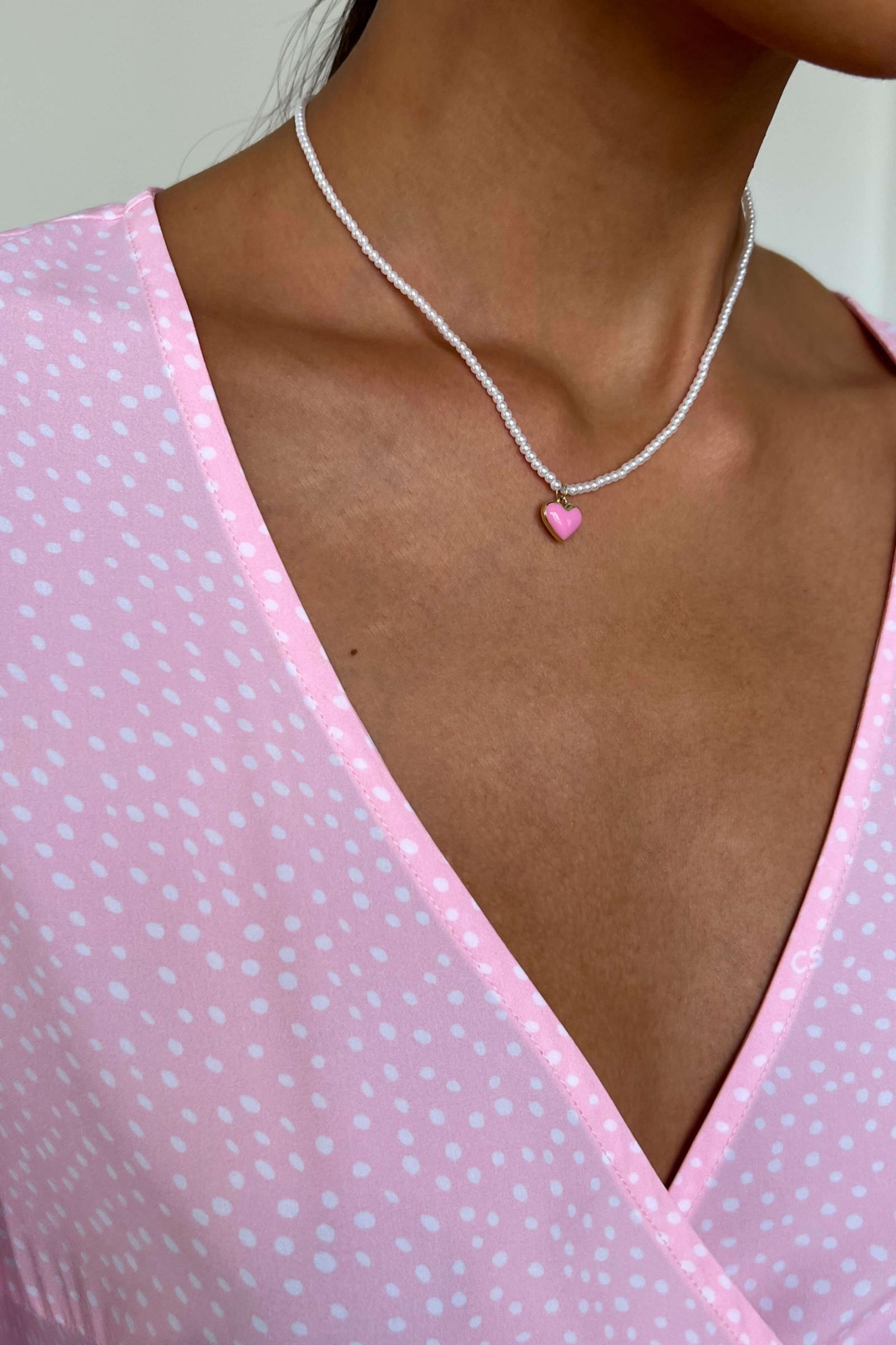 Цепь из жемчужных бусин с подвеской-сердечком (белый-розовый) (one size, белый-розовый) 