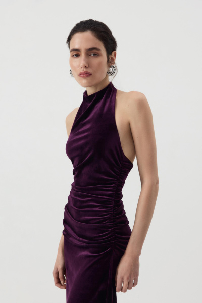 Платье  макси с воротником халтер из бархата (Сливовый) (M) 
