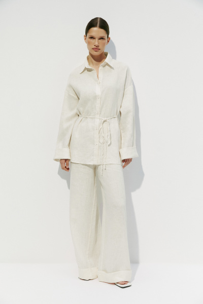 Рубашка с тонким поясом изо льна (XS, кремовый) 2177