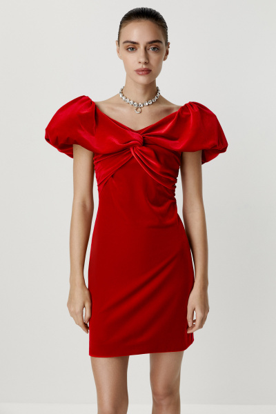 Платье мини из бархата с открытыми плечами (красный) (S) 