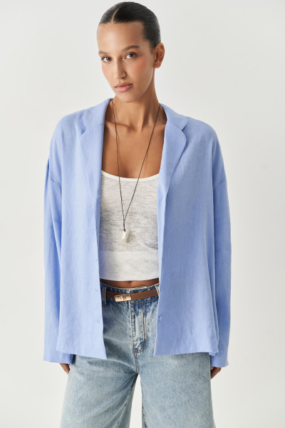 Рубашка изо льна с круглыми лацканами (голубой) (XS/S)