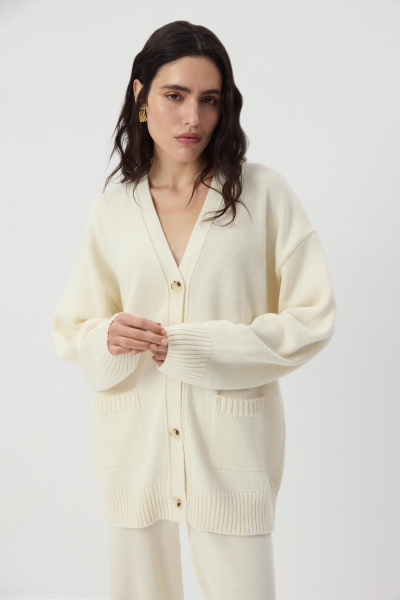 Кардиган с округлыми рукавами с шерстью (Молочный) (M/L) 