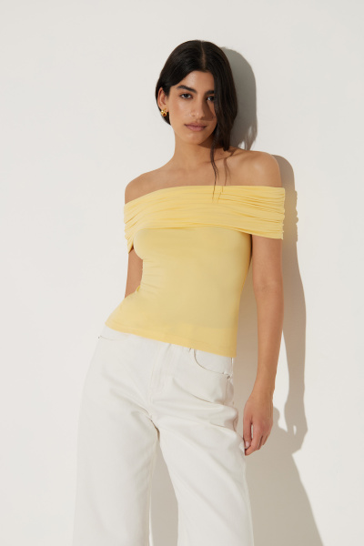 Топ со сборкой и спущенным плечом (M, лимонный) 2174