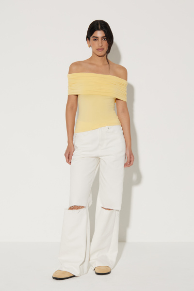 Топ со сборкой и спущенным плечом (M, лимонный) 2174