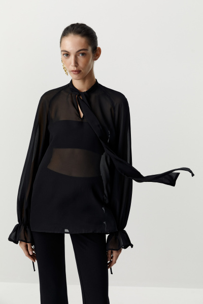 Блуза в стиле бохо из шифона (Черный) (XS) 