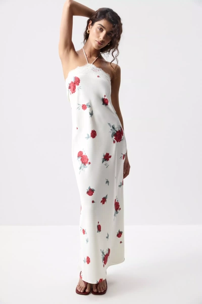 Платье макси с кружевом (Цветы на молочном) (XS) 
