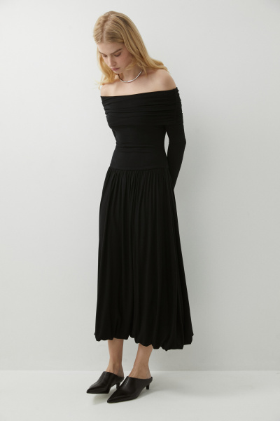 Платье баллон с драппировкой на плечах (черный) (XS) 