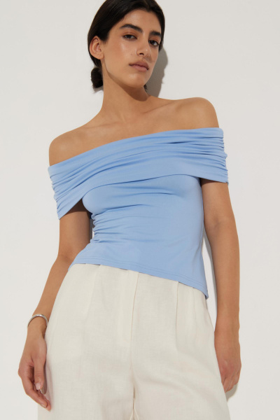 Топ со сборкой и спущенным плечом (XS, голубой)