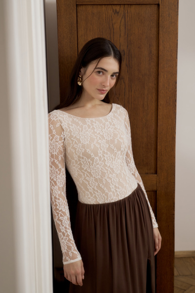 Боди из эластичного кружева с длинным рукавом (Молочный) (M) 