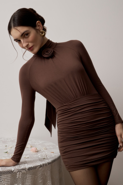 Платье мини с декоративной розой (Шоколадный) (M) 