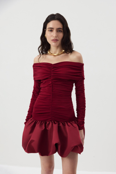 Платье с драпировкой и юбкой-баллон (Винный) (XS) 