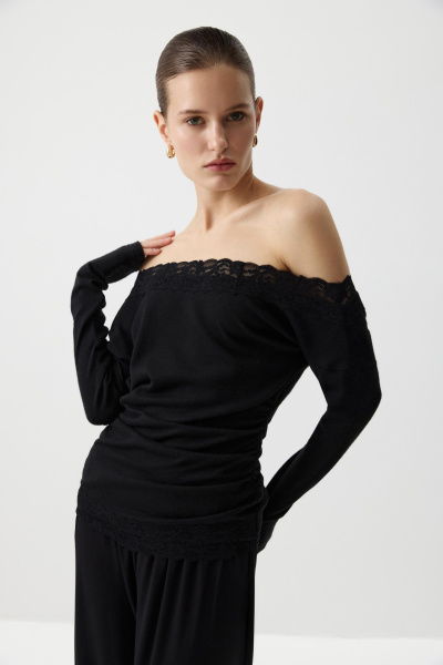 Лонгслив с кружевом из мягкого трикотажа (Черный) (M) 