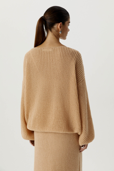 Джемпер с V-образным вырезом ажурной вязки (one size, бежевый)