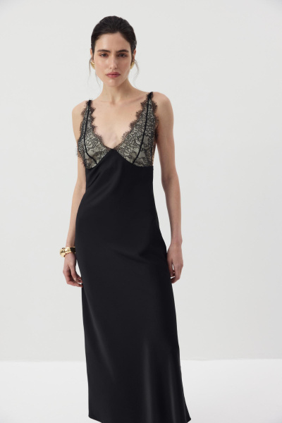 Платье из сатина с кружевом (Черный) (M) 