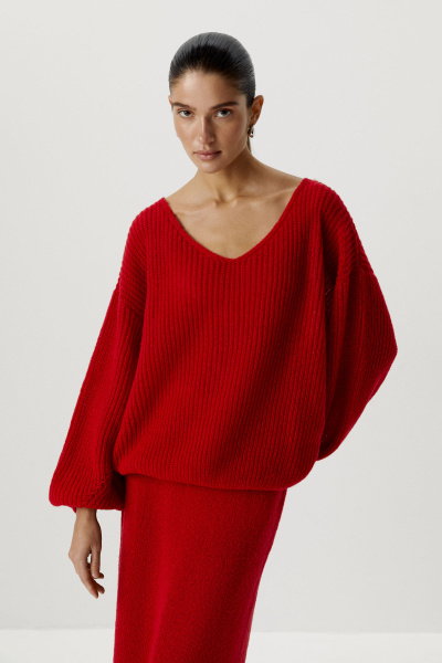 Джемпер с V-образным вырезом ажурной вязки (one size, алый) 