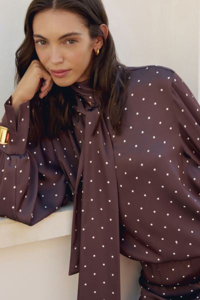 Блузка с бантом из сатина в горох (шоколадный) (M) 