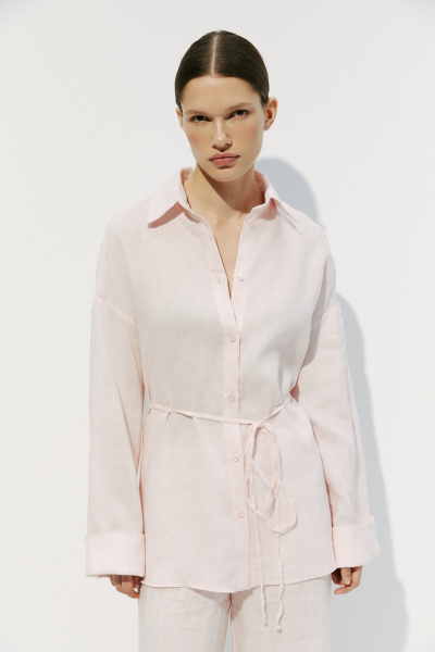 Рубашка с тонким поясом изо льна (M, светло-розовый) 2556