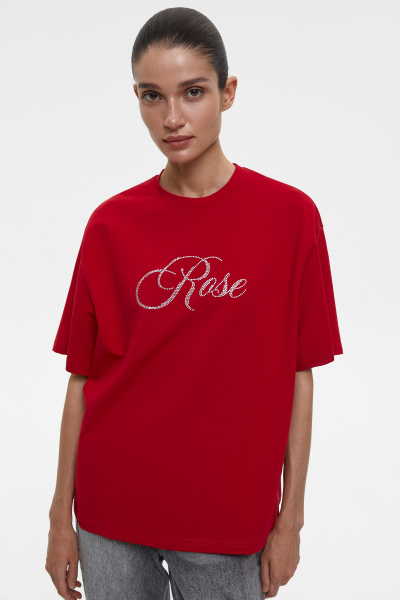 Футболка оверсайз со стразами Rose (M/L, алый) 2202