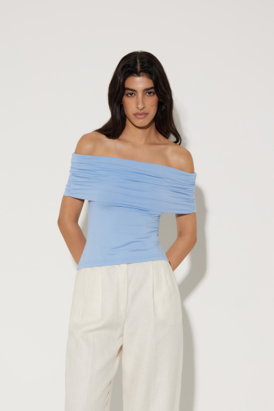 Топ со сборкой и спущенным плечом (XS, голубой)