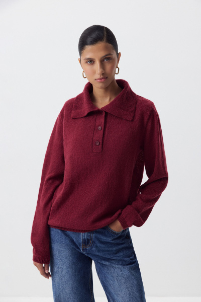 Поло ажурной вязки с длинным рукавом (винный) (XS/S)
