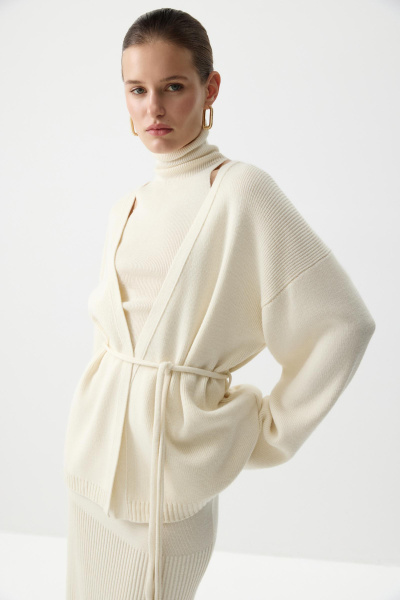 Кардиган из шерсти с поясом (Молочный) (M/L) 