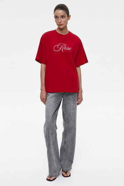 Футболка оверсайз со стразами Rose (M/L, алый) 2202