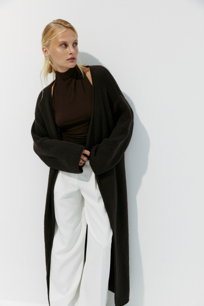 Кардиган удлиненный ажурной вязки (one size, шоколадный) 2774