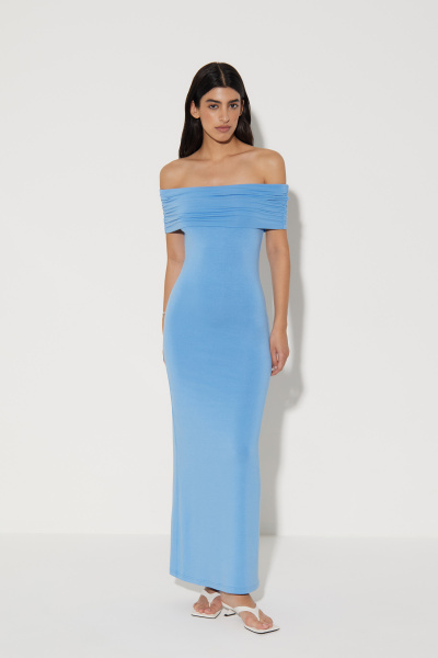 Платье макси со сборкой на плечах (S, голубой)