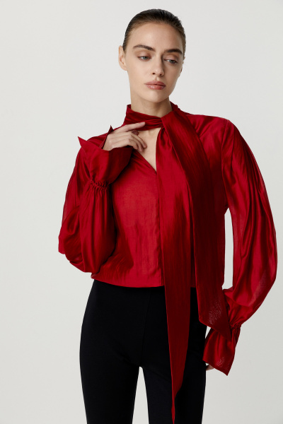 Блуза с объемным рукавом из полупрозрачной ткани (бордовый) (M) 