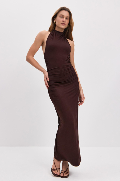Платье  макси с воротником халтер (коричневый) (M) 