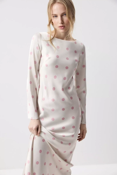 Платье из сатина с расклешенными рукавами (Розовый горох на молочном) (M) 