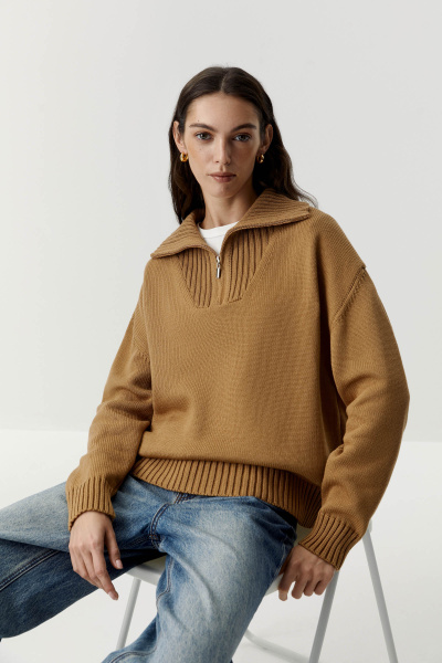 Свитер с воротником на молнии из хлопка (бежевый) (M/L) 