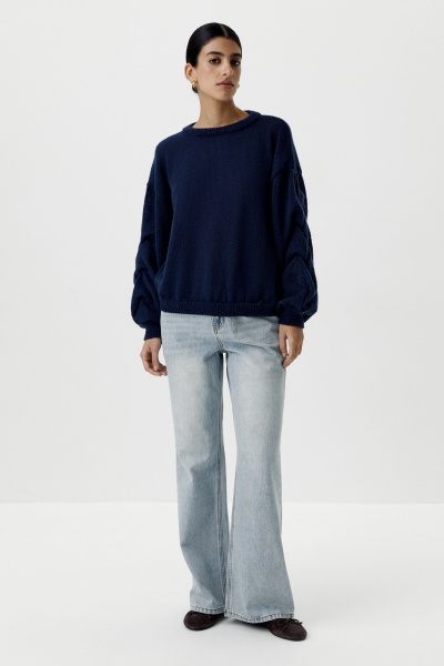 Джемпер оверсайз с косами по рукавам (темно-синий) (XS/S)