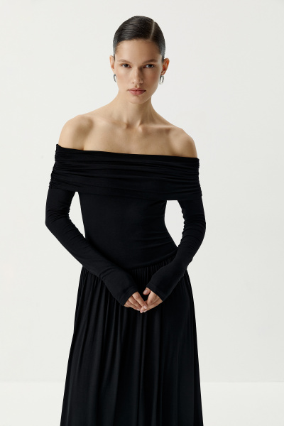 Платье баллон с драппировкой на плечах (черный) (S)
