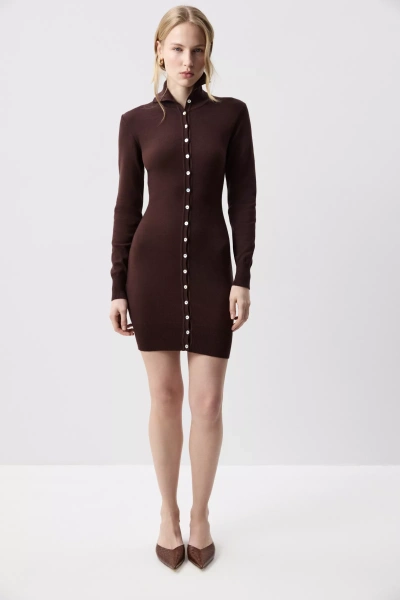 Платье мини с воротником-стойкой (Шоколадный) (M) 
