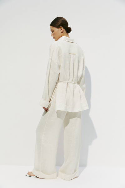 Рубашка с тонким поясом изо льна (XS, кремовый) 2177