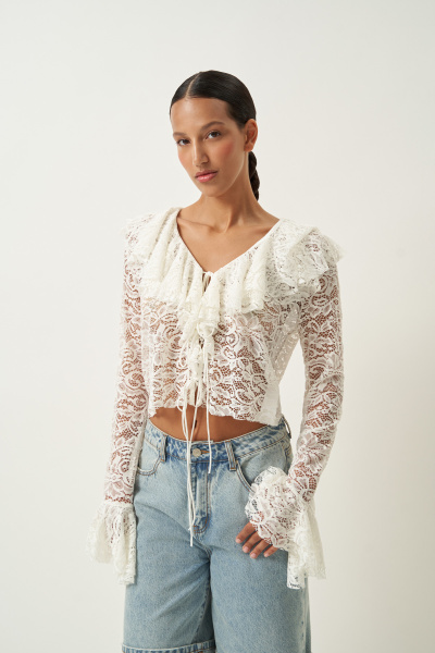 Блузка из кружева на завязках (молочный) (M) 