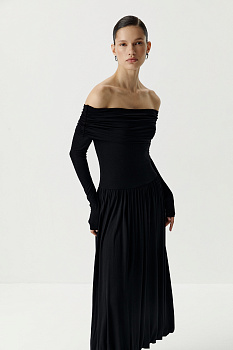 Платье баллон с драппировкой на плечах (черный)