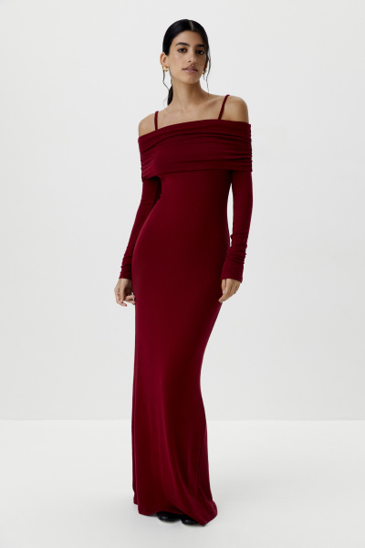 Платье с драпировкой на плечах (винный) (XS)