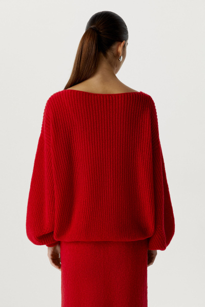 Джемпер с V-образным вырезом ажурной вязки (one size, алый) 