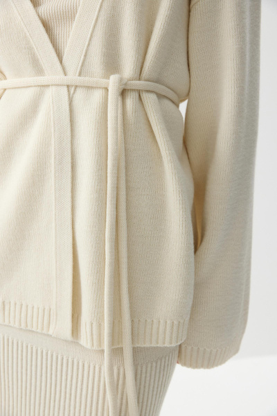 Кардиган из шерсти с поясом (Молочный) (M/L) 