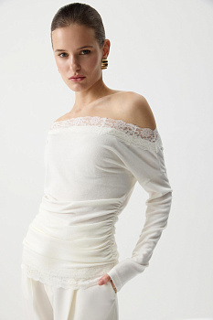 Лонгслив с кружевом из мягкого трикотажа (Молочный)