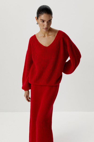 Джемпер с V-образным вырезом ажурной вязки (one size, алый) 