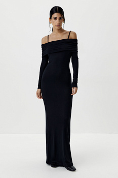 Платье с драпировкой на плечах (черный)