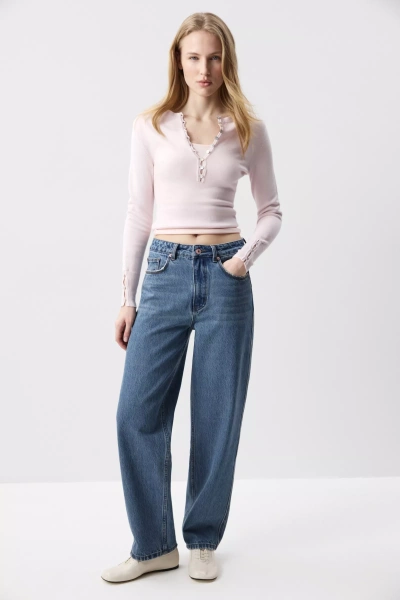 Лонгслив облегающий с пуговицами (Розовый) (L) 