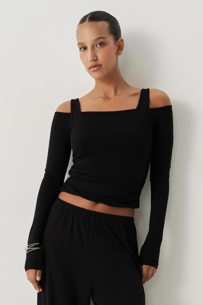 Лонгслив двойной с открытыми плечами (чёрный) (XS) 