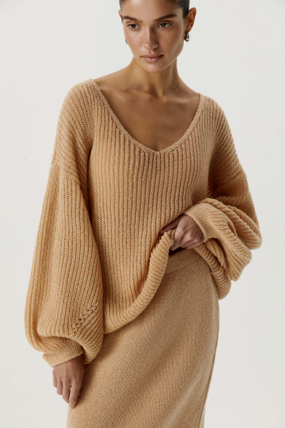 Джемпер с V-образным вырезом ажурной вязки (one size, бежевый)