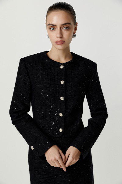 Жакет укороченный из твида с пайетками (черный) (M) 